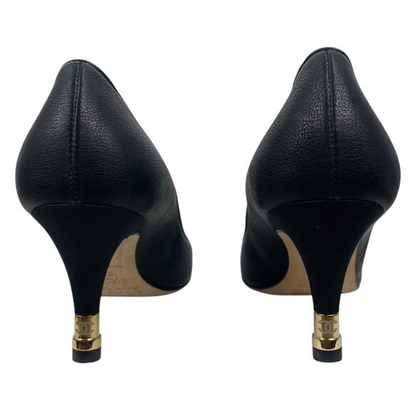 Chanel CC Logo Gold Tipped Heel Cap Toe Leather Pump Black Size 38 - Picture 7 of 10